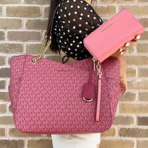 Michael Kors Jet Set Large Chain Tote Berry Pink MK + Grapefruit Wristlet
